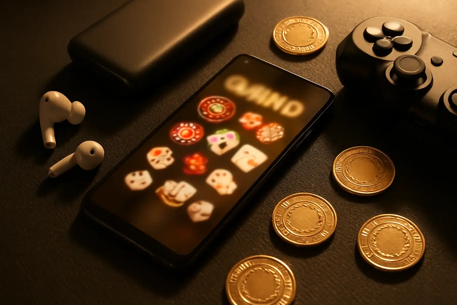 Ultra-realistic flat-lay of Android casino app setup with chips and accessories
