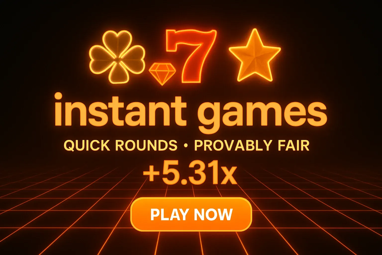 Instant games advertising banner with neon grid, glowing tiles, bold CTA