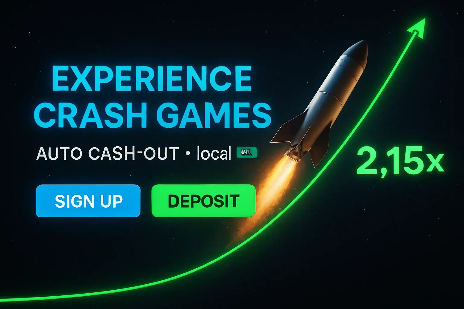 Casino crash game banner with rocket, neon multiplier line, and CTA buttons
