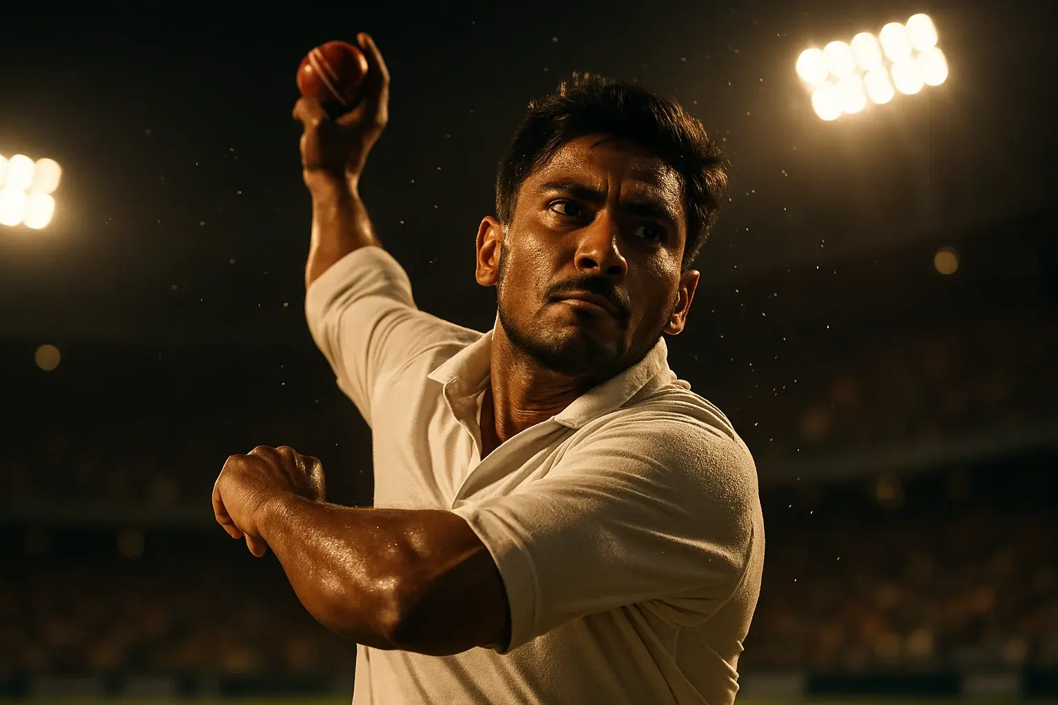 Ultra-realistic Bangladeshi male cricket bowler delivering ball under stadium lights