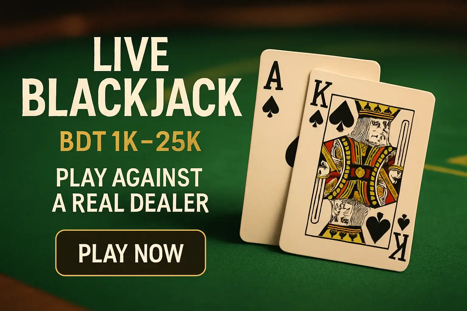 Live blackjack banner with green felt table, ace and king hand