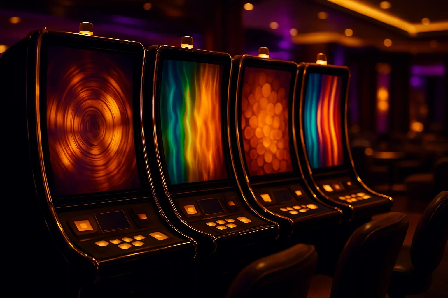 Modern casino game screens glowing in a dark neon lounge