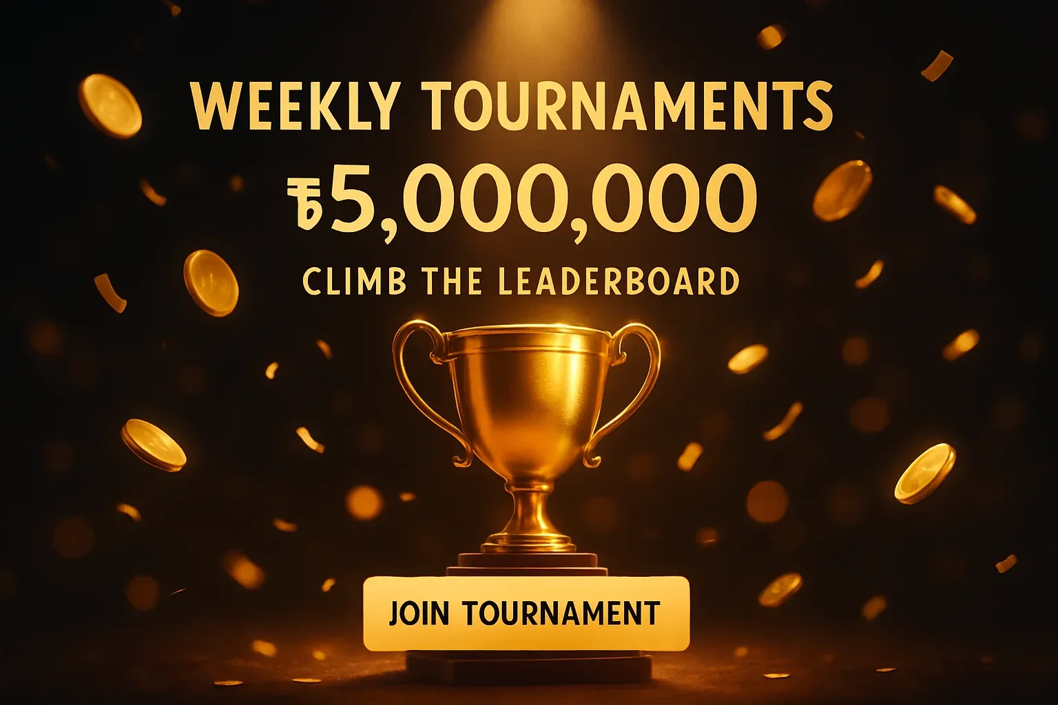 Luxury casino tournament banner with golden trophy, coins, and CTA button