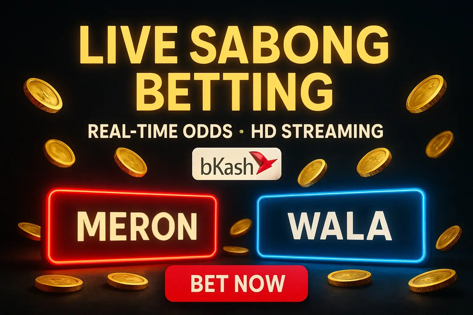 Dark premium live sabong betting banner with Meron Wala zones and coins