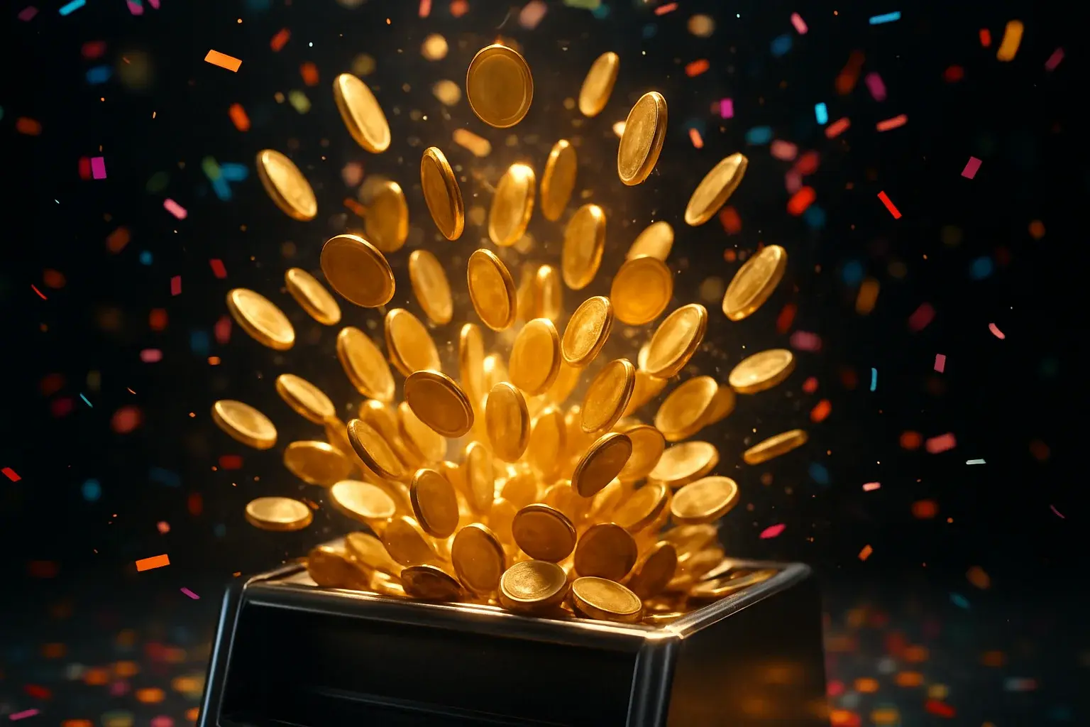 Golden coins bursting from slot machine tray with confetti in dark background