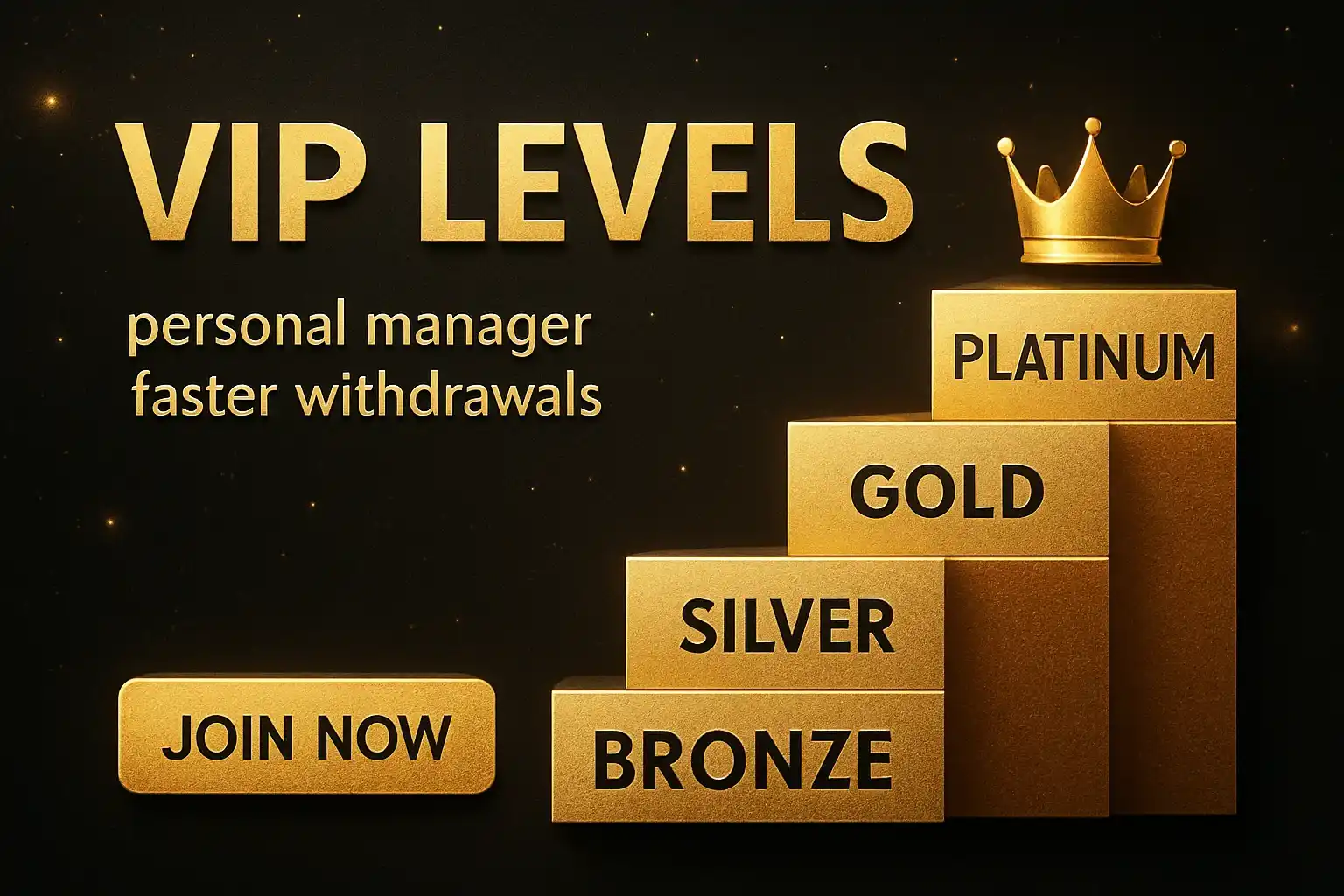 Black and gold casino VIP tiers banner with crown and CTA button